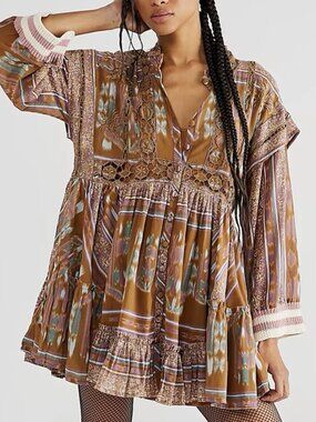 Free People Augustine Dress Crochet Lace Ruffled KnitCuff Size Small